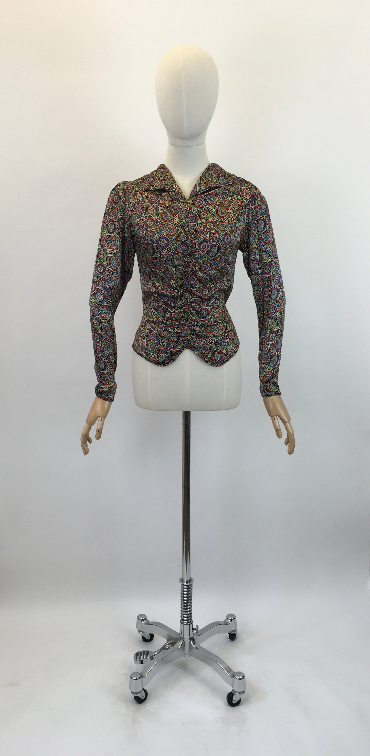 Original 1930's Sensational Rayon Blouse with Exquisite Detailing - In Vivid Reds, Blues, Yellows, Greens, Black & White