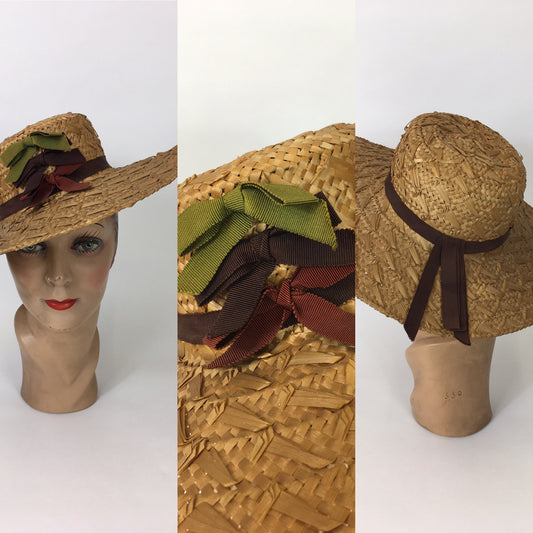 Original 1940’s Straw Hat With Grosgrain Ribbon - In Warm Browns, Grassy Greens and Maroons