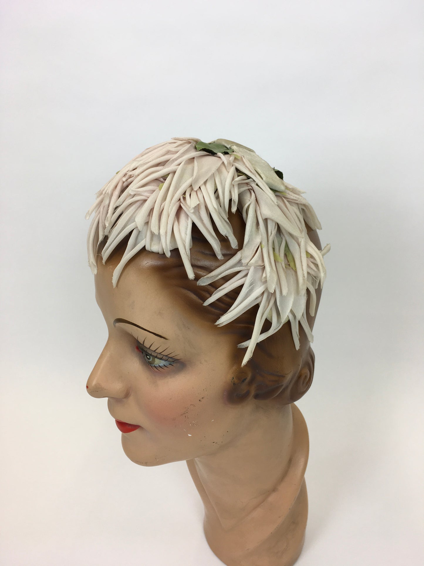 Original 1950s Velvet and Floral Headpiece - In a Delicate Pallet of Soft Pinks, Pale Ivory and Green