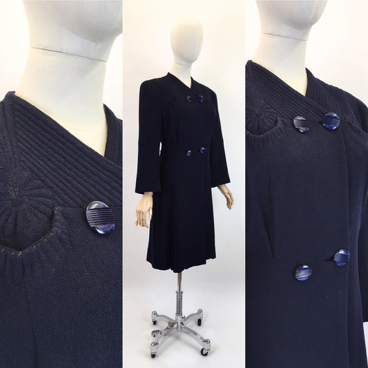 Original 1930’s Darling Navy Wool Crepe Coat - With Stunning Trapunto Detailing