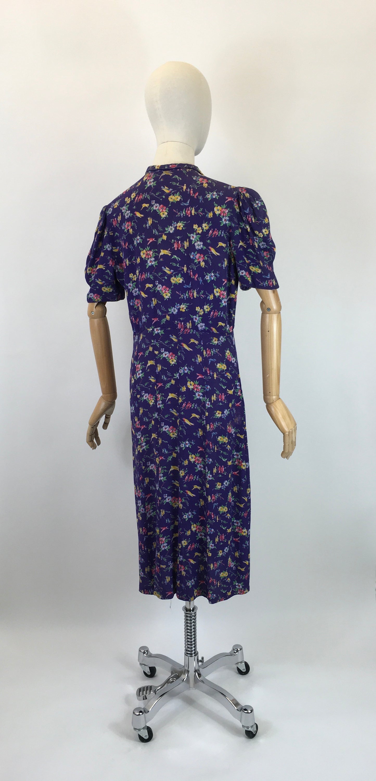 Original 1940s AS IS Novelty Print Crepe Dress - With Birds And Flowers in Rainbow colours