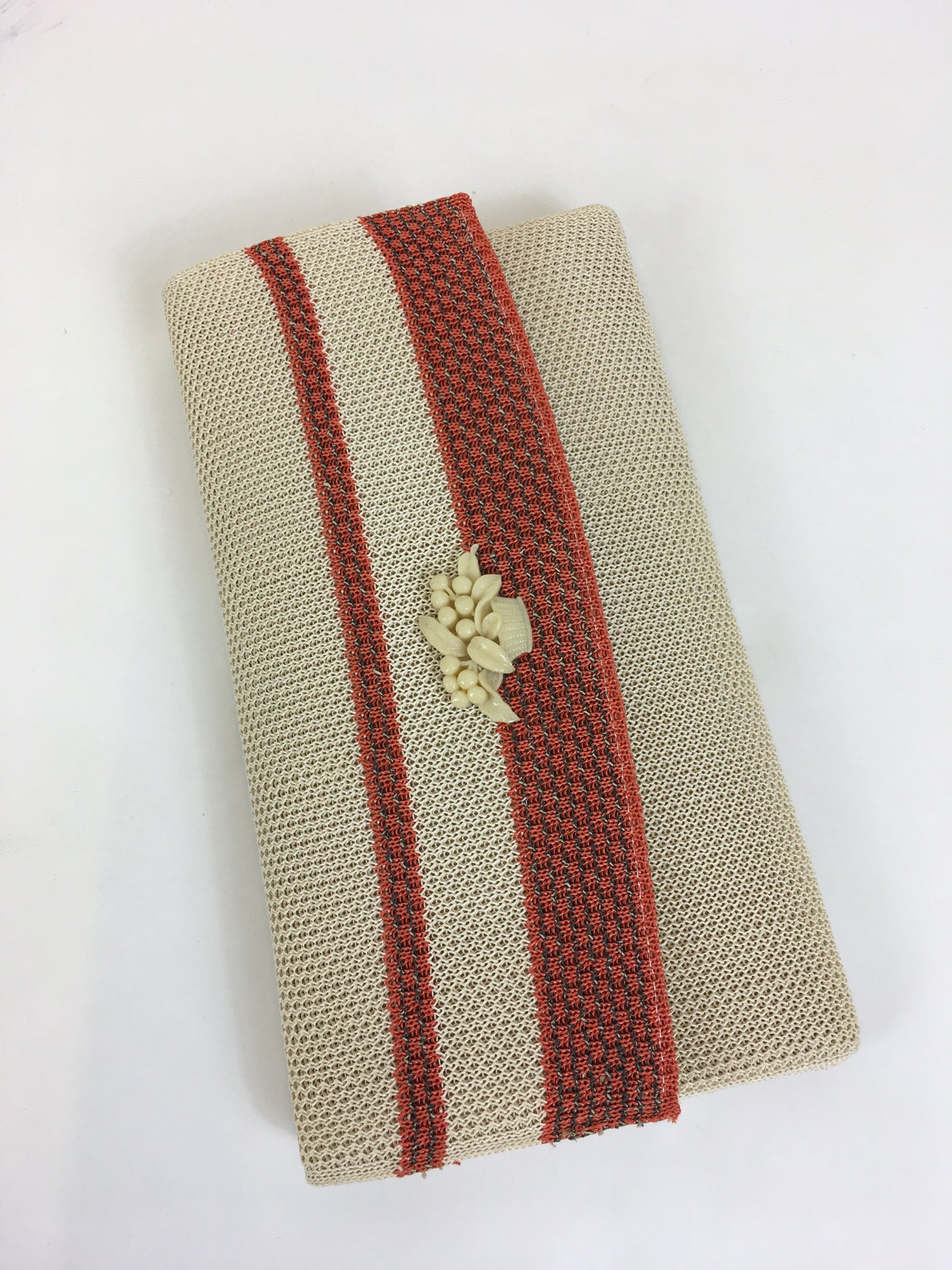 Original 1930's Sensational Fabric Clutch Bag in Orange & Cream - With Celluloid Floral Basket Adornment