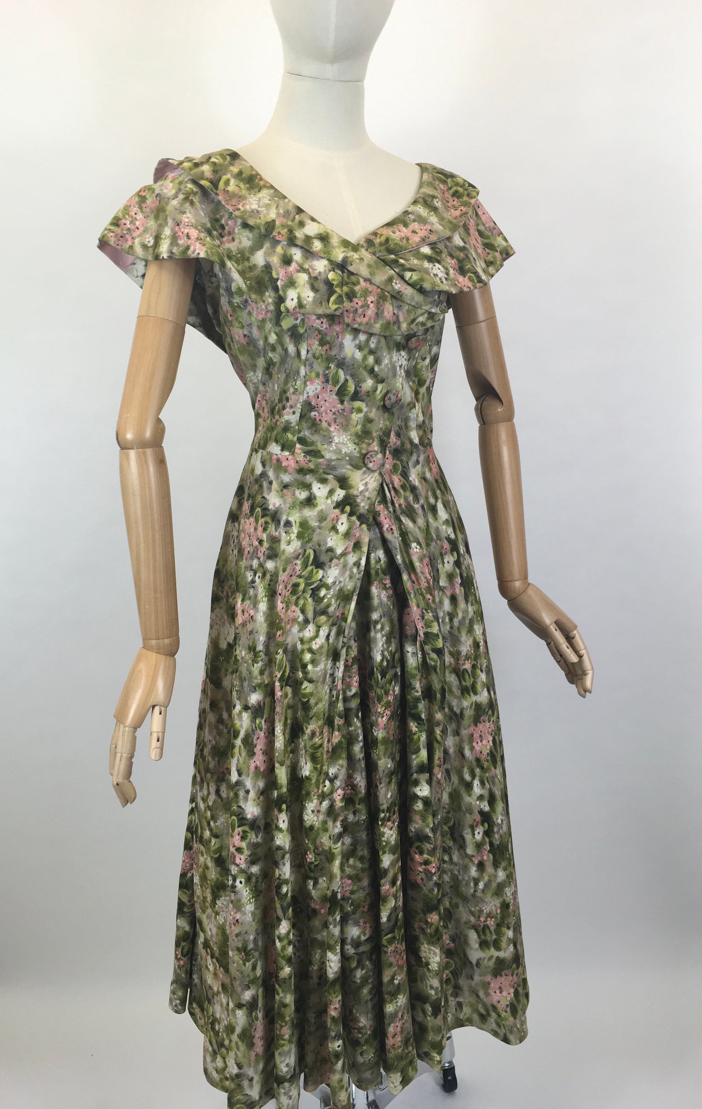 Original 1950’s Stunning Silk Party Frock - In A Beautiful Pink & Green Floral