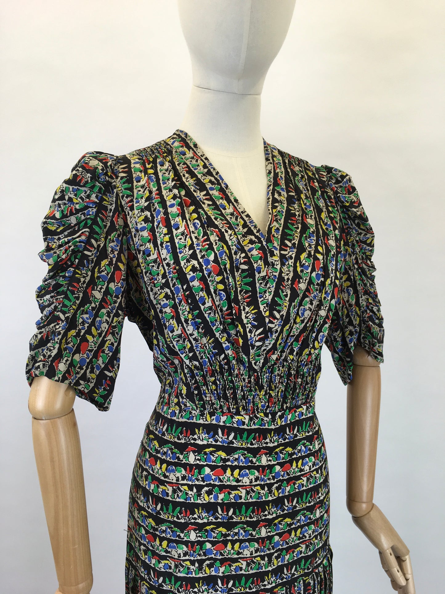 Original 1930s STUNNING Novelty Print Dress - Featuring Toadstools I’m Primary Reds, Yellows, Blues and Greens