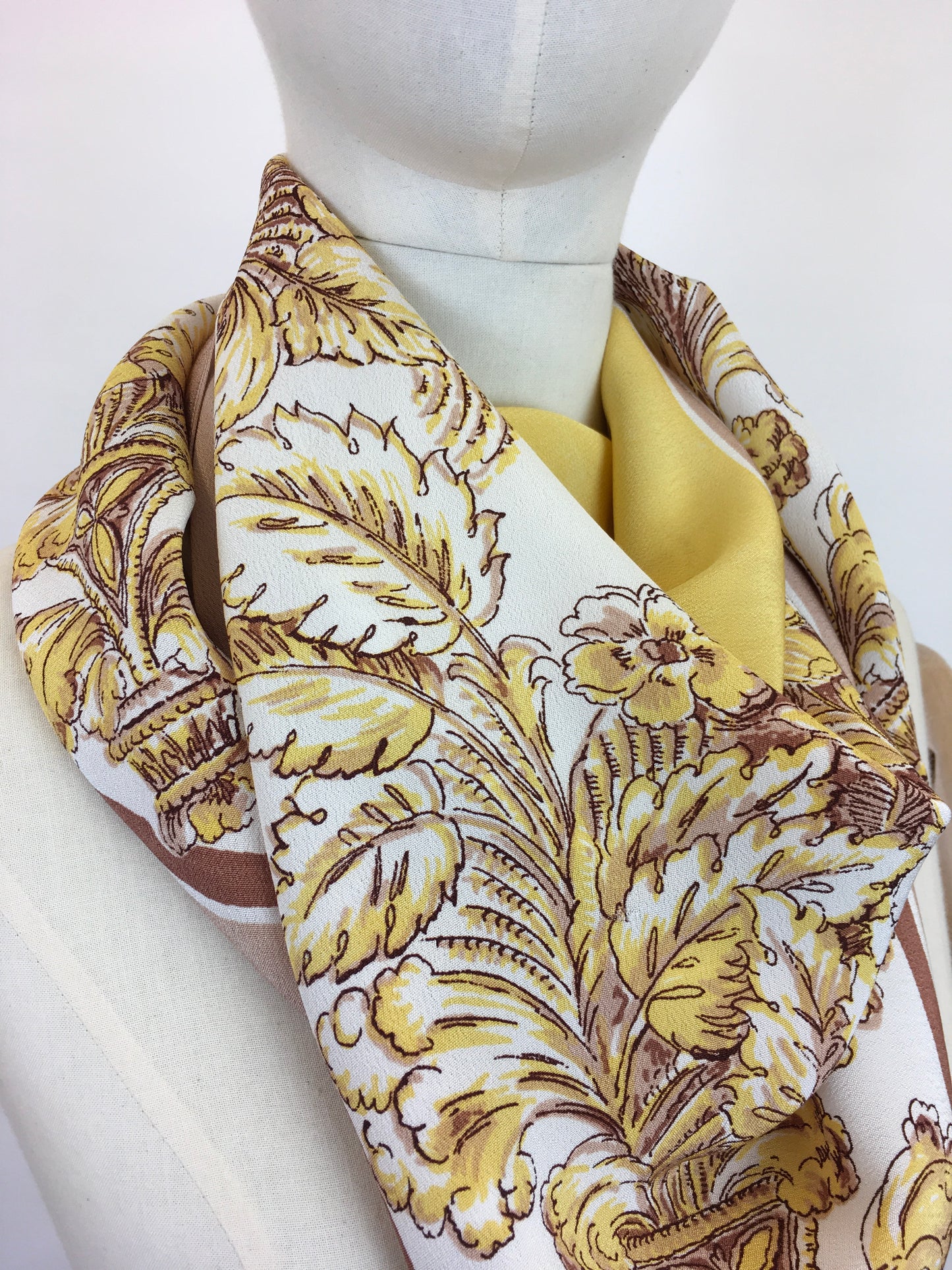 Original 1940s Fine Crepe Scarf - In A Beautiful Floral In Soft Yellows, Fawns, Warm Brown and Creams
