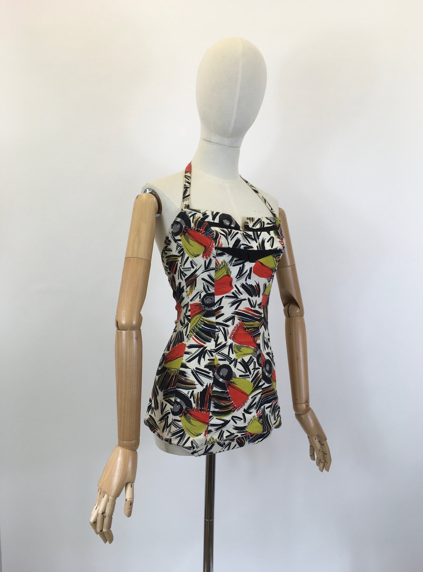 Original 1940’s Bathing Costume in A Fabulous Print - In Painted Black, Chartruese, Orange, White and Teal