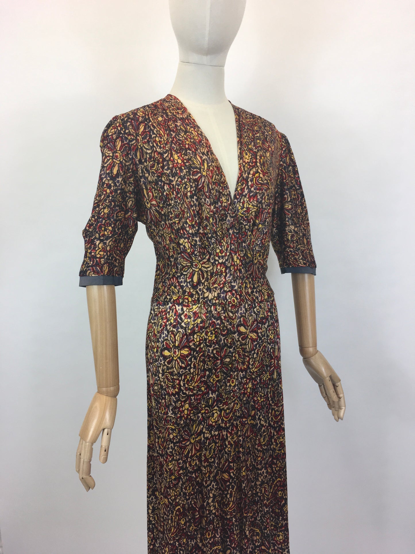 Original 1940’s STUNNING Rayon Jersey Dress AS IS - In Reds, Purples, Yellows & Navy