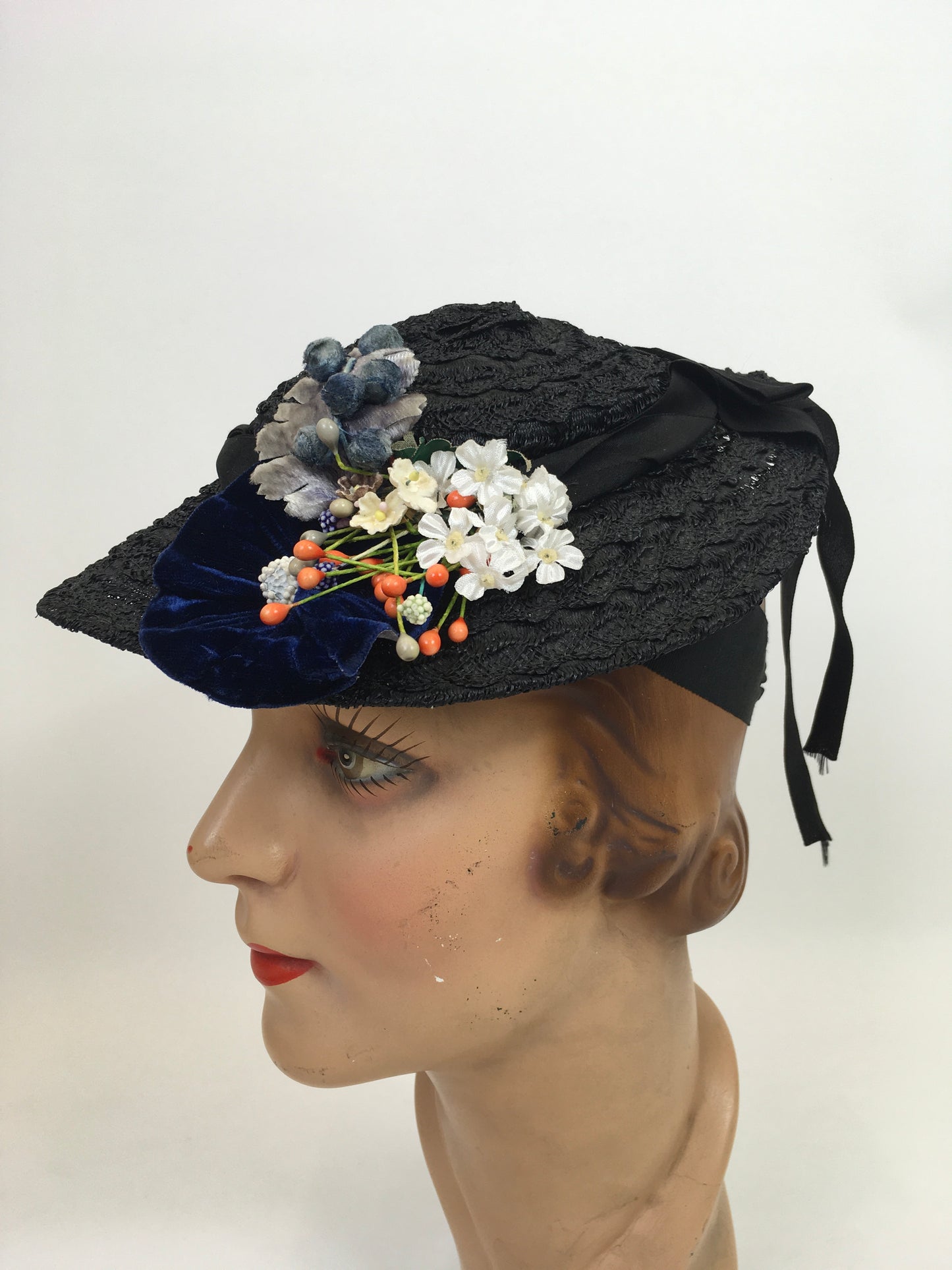 Original 1930's Fabulous Tilt Hat - In Black Straw with Silk Velvet/ Silk and Floral Millinery Adornments