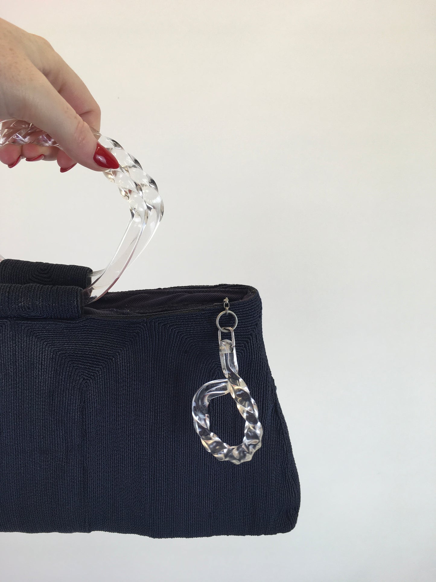 Original 1940’s STUNNING Navy ‘ Corde’ Handbag - With Twisted Lucite Double Handle and Chunky Pull