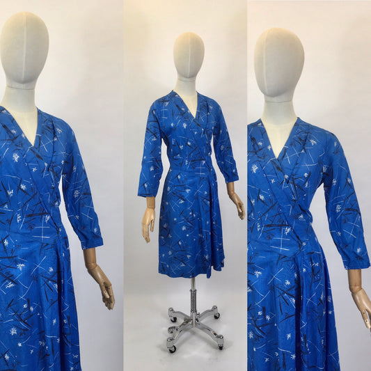 Original 1950’s Fabulous Blue Frock - In An Abstract Print Silk Sateen