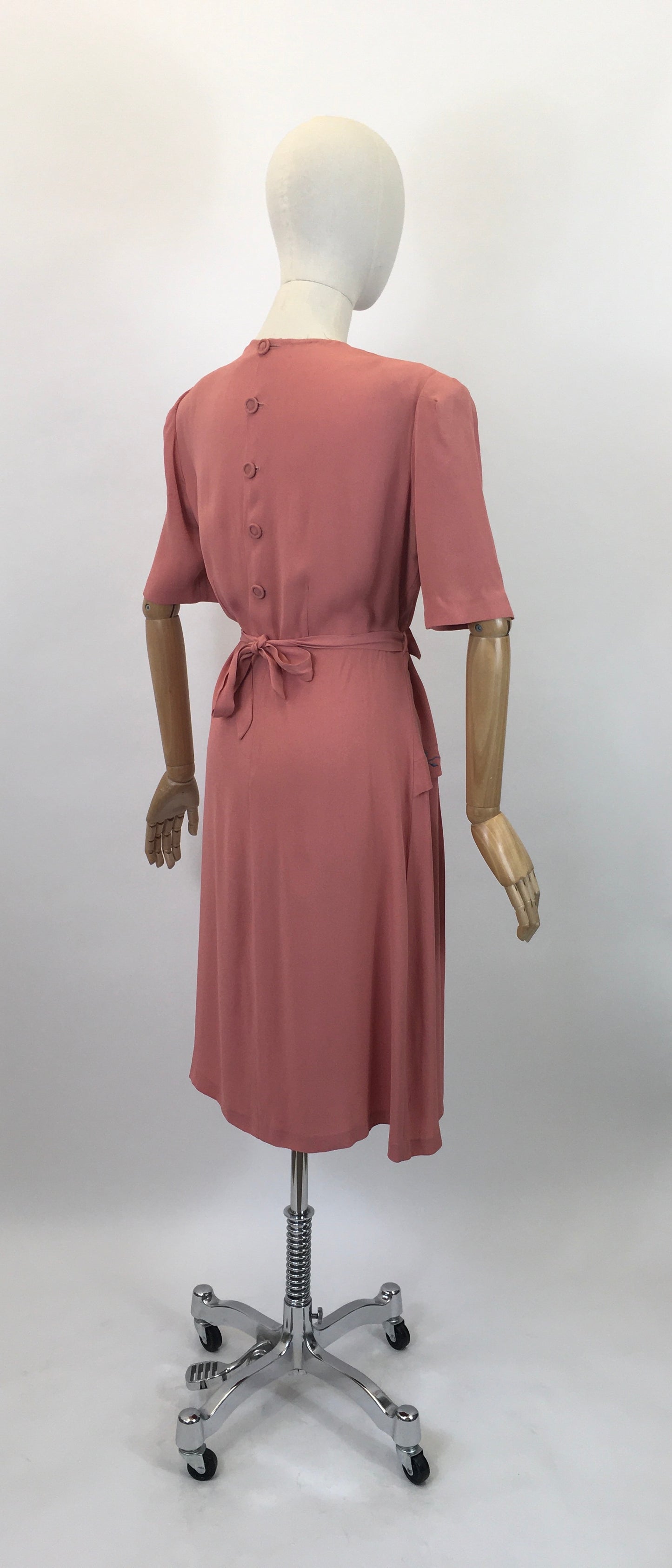 Original 1940's Stunning Blush Crepe Dress with Embroidered Details in Forget Me Not Blue - ' A Frederick Gown Label'