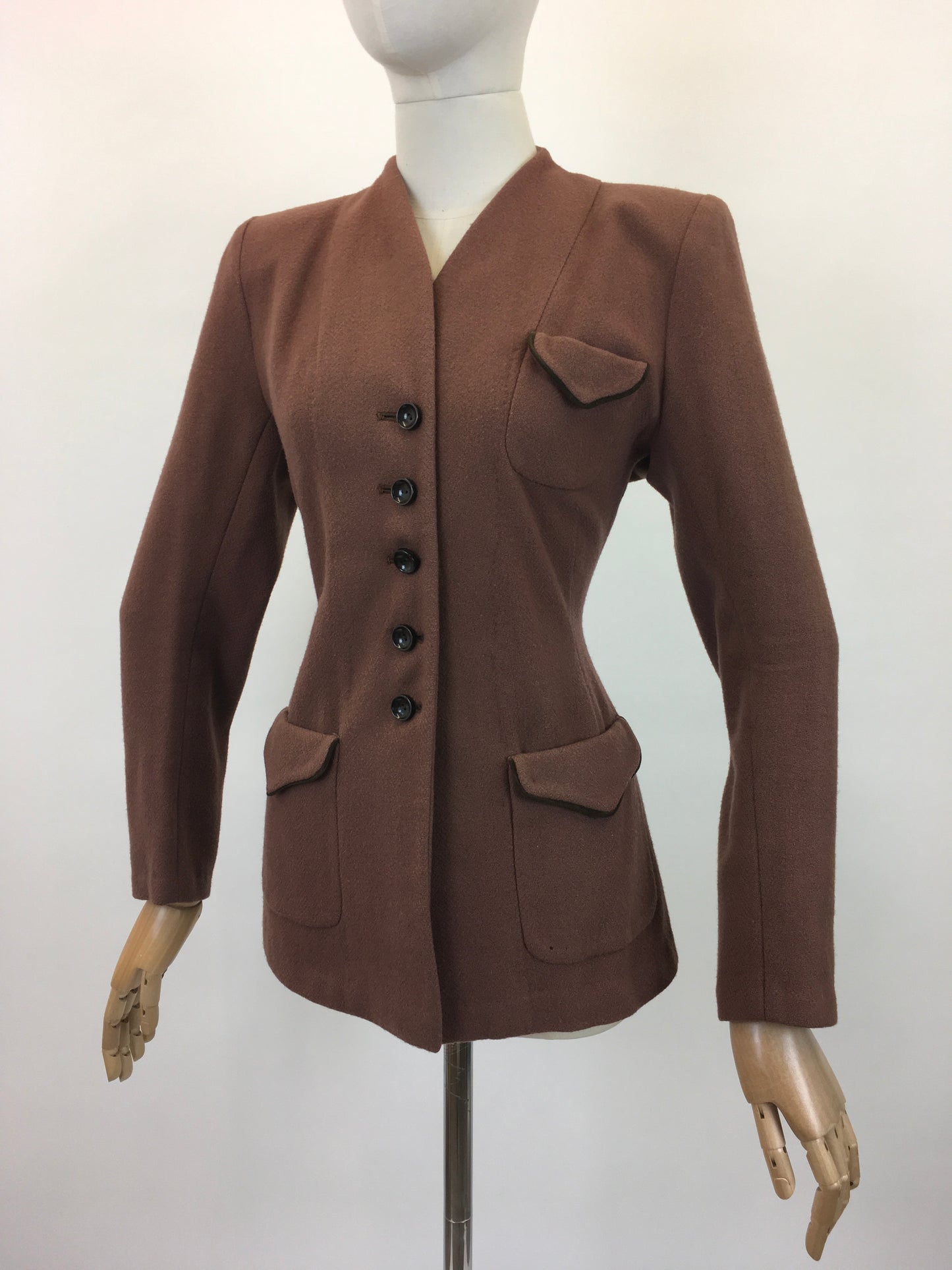 Original 1940's Darling Woollen Jacket - In A Caramel Brown With Green Piping