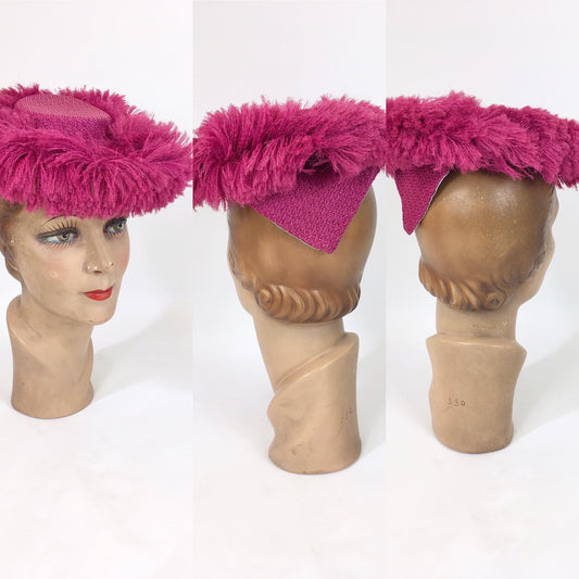 Original 1940’s Sensational Cerise Pink Hat - With Fabulous ‘ Fluff ‘ Adornment