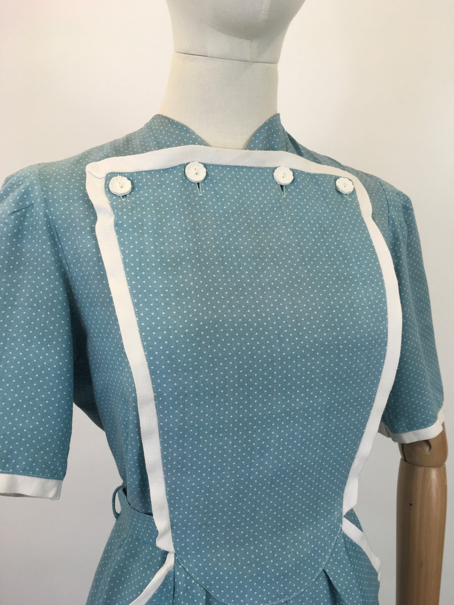 Original 1940's Stunning CC41 Utility Day Dress - In A Darling Duck Egg Blue Polka Dot