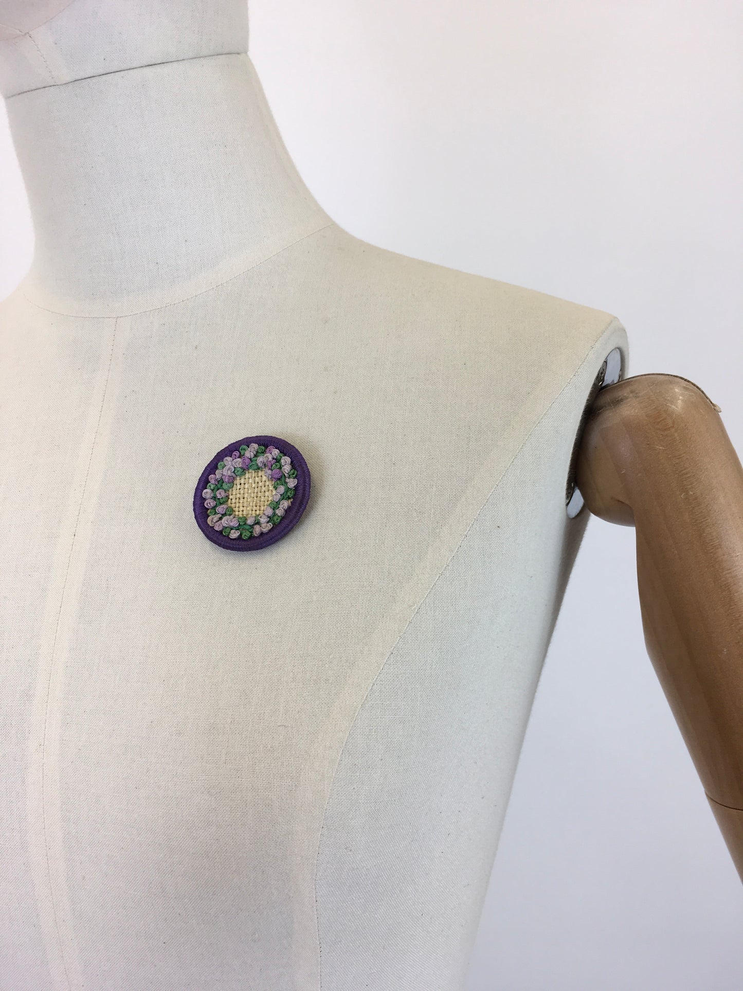 Original 1940’s Make do and Mend Wool Embroidered Brooch - In Pretty Purples