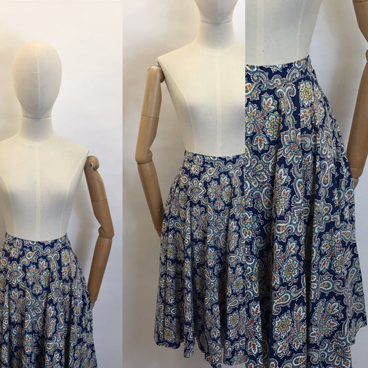 Original 1950's ' St. Michael' Cotton Skirt - Made From A Beautiful Paisley Floral in Blue