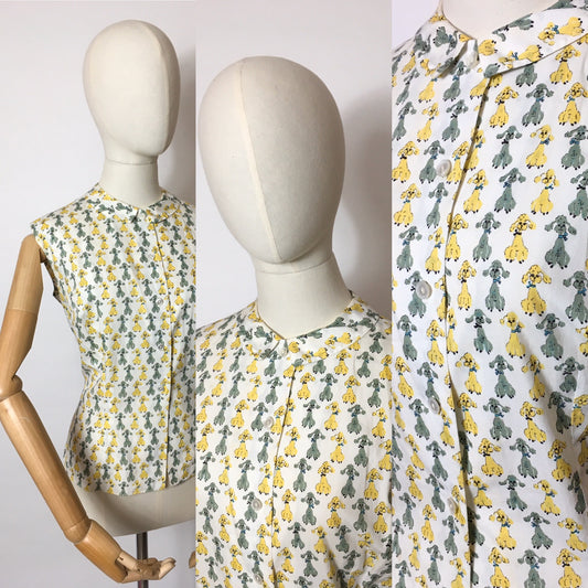 Original 1950s Cotton Day Blouse - In the Most Amazing Poodle Print and Yellow & Green Colour Combination