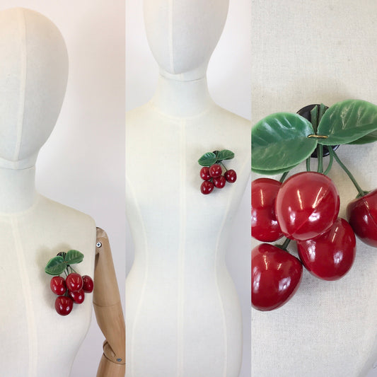 Original 1950's Fabulous Bunch Of Cherries Brooch - In Glossy Cherry Red & Green