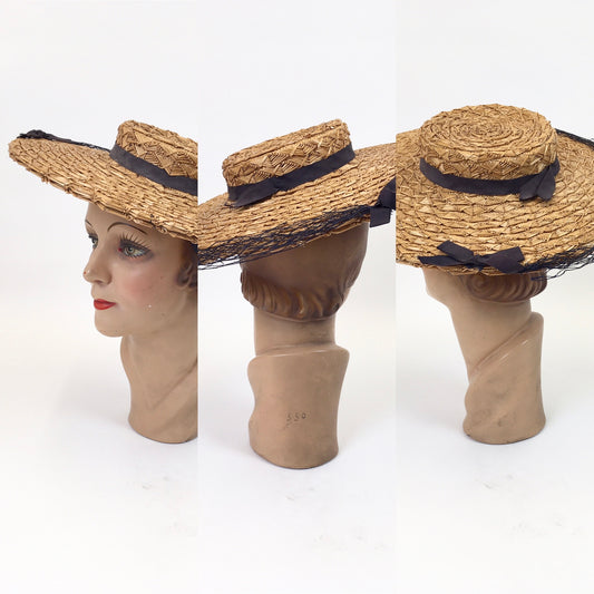 Original 1940’s Fabulous Straw Hat - With Navy Grosgrain Bows and Veiling