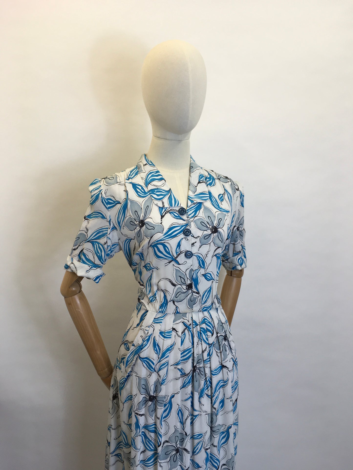 Original 1940’s Crepe Day Dress - Lovely Stencilled Floral in Blues, Blacks and Slate Greys