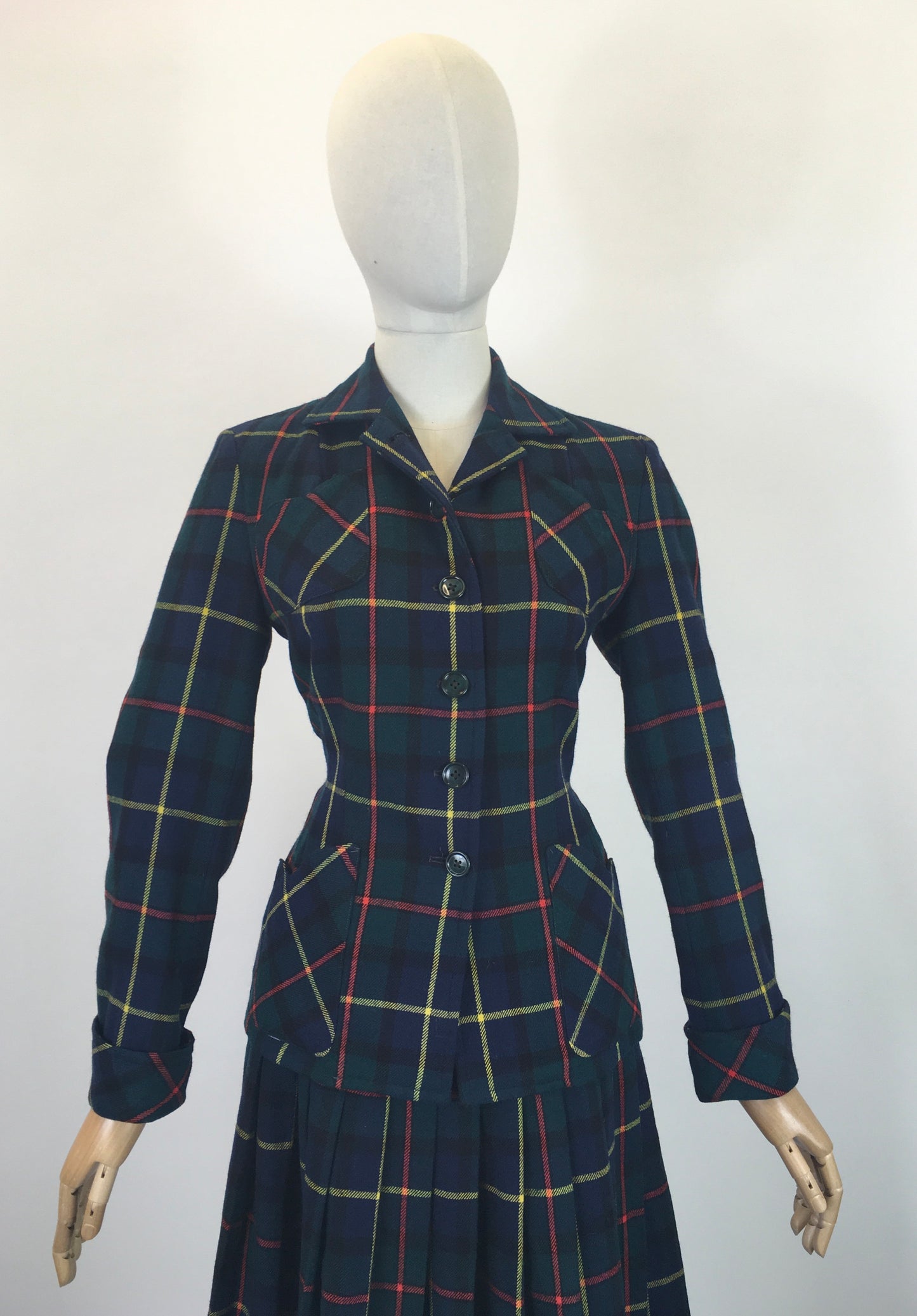 Original 1940's Stunning 2pc Suit - In A Fabulous Wool Plaid in Red, Yellow, Green & Navy