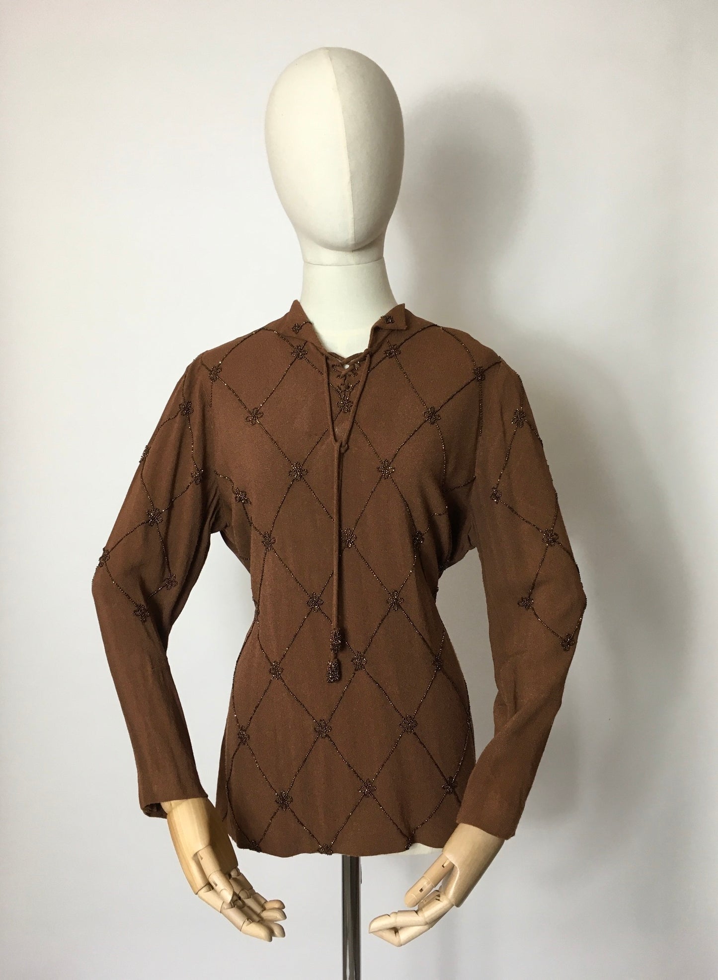 Original 1940’s Double Eleven Plate Label Tunic - Featuring Stunning Bronze Beaded Bodice Detailing on an Autumnal Brown Crepe