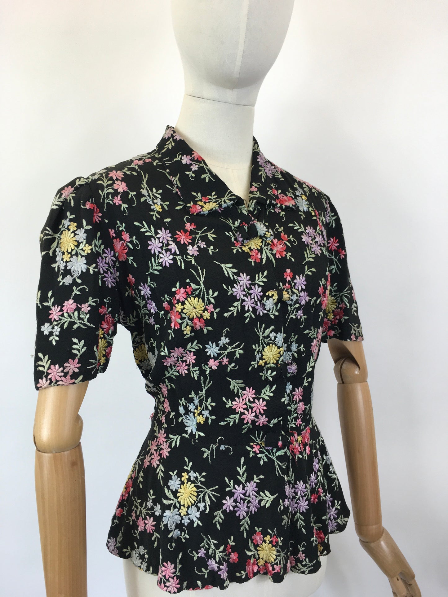 Original 1930’s Black Crepe Embroidered Blouse with Bows - In A Wild Flower Meadow Colour Pallet