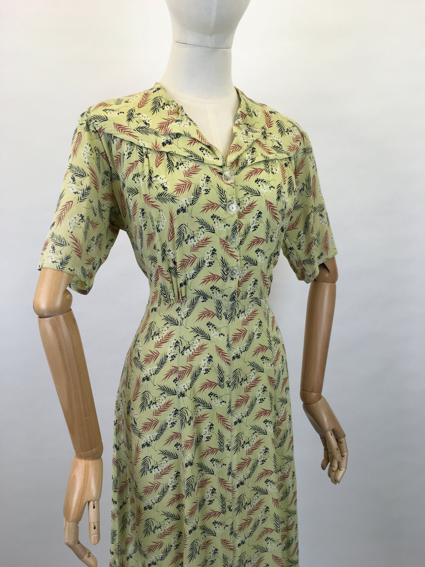 Original 1940s Day Dress - In a Lovely Chartreuse Crepe with Wheat / Leaf Print In Charcoal, Rust and White