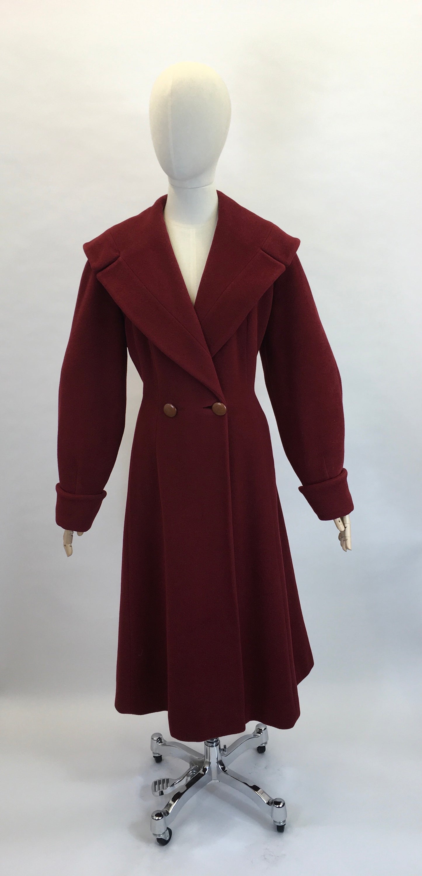 Original 1940’s SENSATIONAL Russet Red Princess Coat - Lovely Shaped Shawl Collar and Cuffs