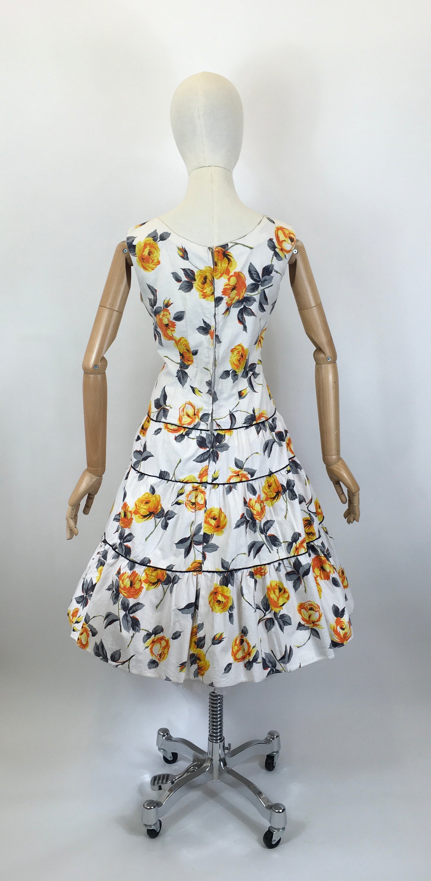 Original 1950's Darling Cotton Day Dress - In A Sunshine Yellow, Orange, Black and White