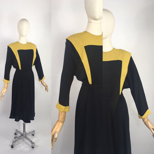 Original 1940’s Amazing Colour Block Dress with Strong Shoulders - In a Black & Chartreuse Colour Block