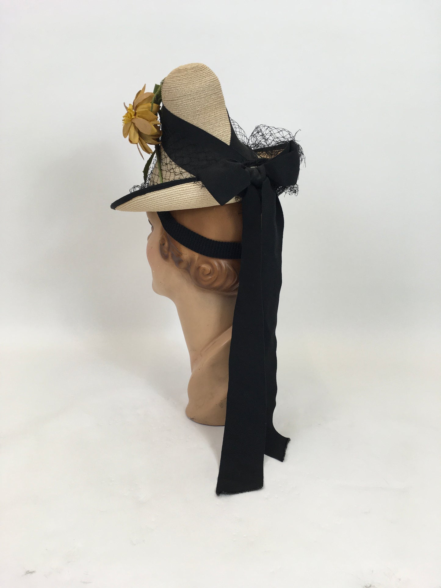 Original 1940's Sensational Natural Funnel Topper - With Floral Millinery, Veiling and Tails