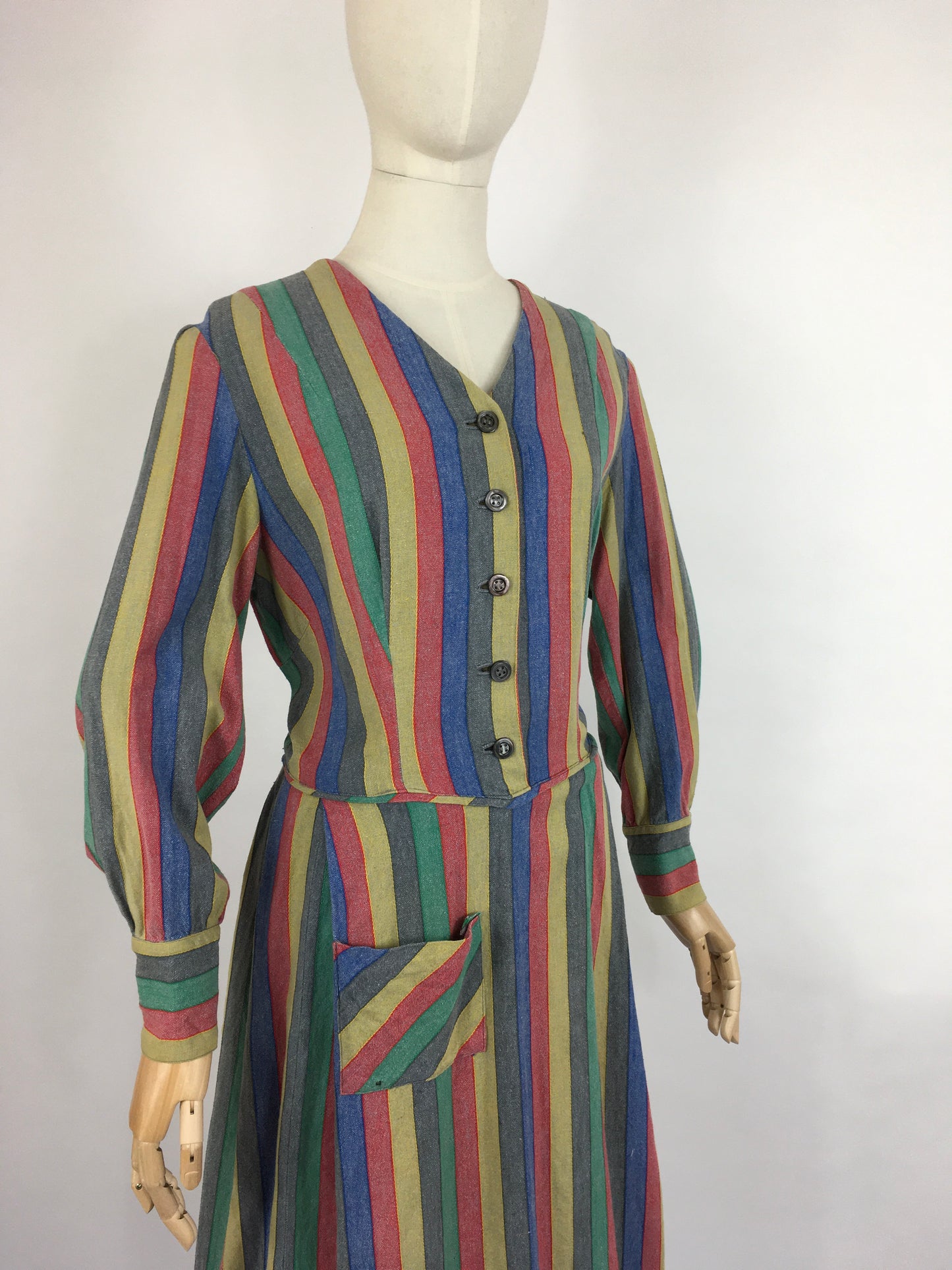 Original Late 1930s Day Dress - In a Fabulous Heavyweight Linen in a Rainbow Stripe with Contrast Chevron Pattern