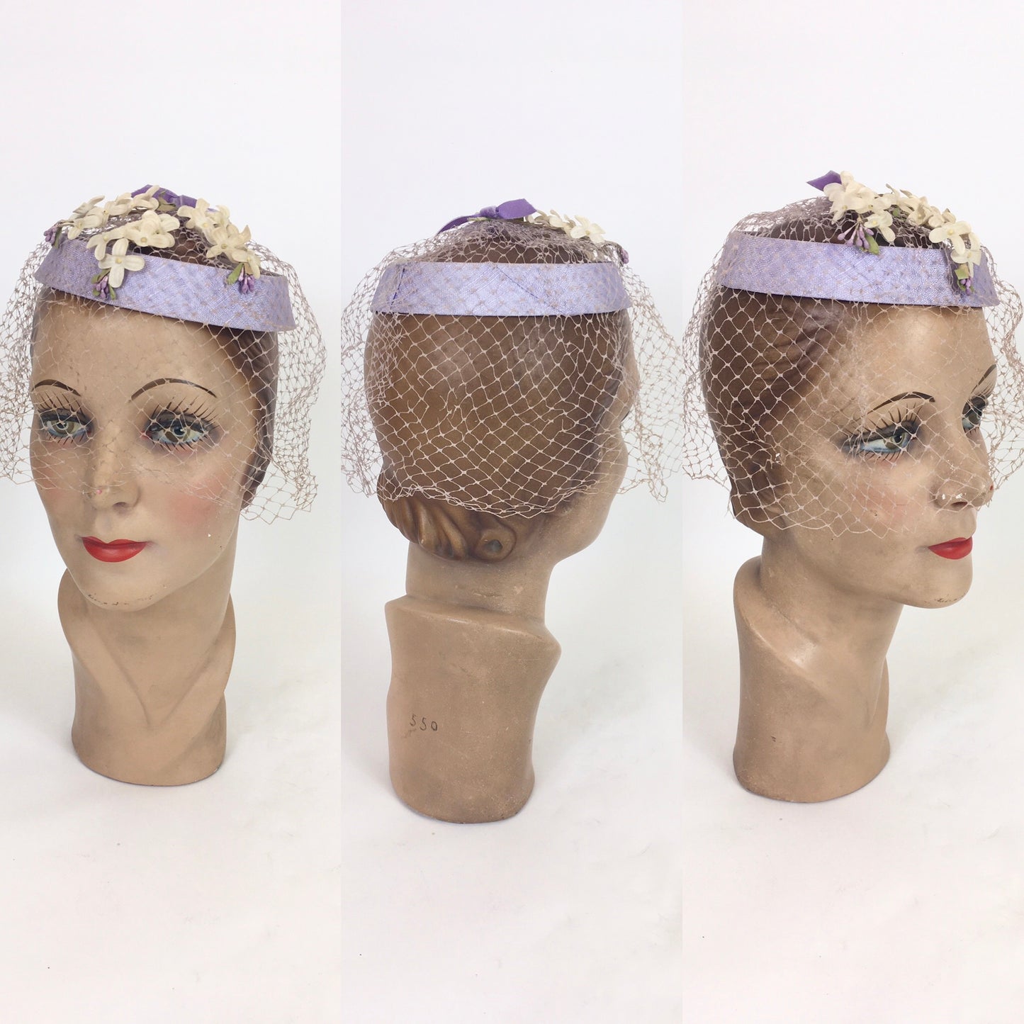 Original 1950’s Soft Lilac Headpiece - With Delicate Ivory Floral Millinery and Powdered Veiling