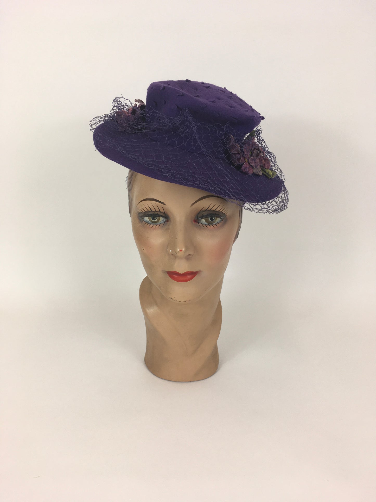 Original 1940’s SENSATIONAL Cadbury Purple Felt Topper Hat - With Cutwork Detailing, Millinery Flowers and Veiling