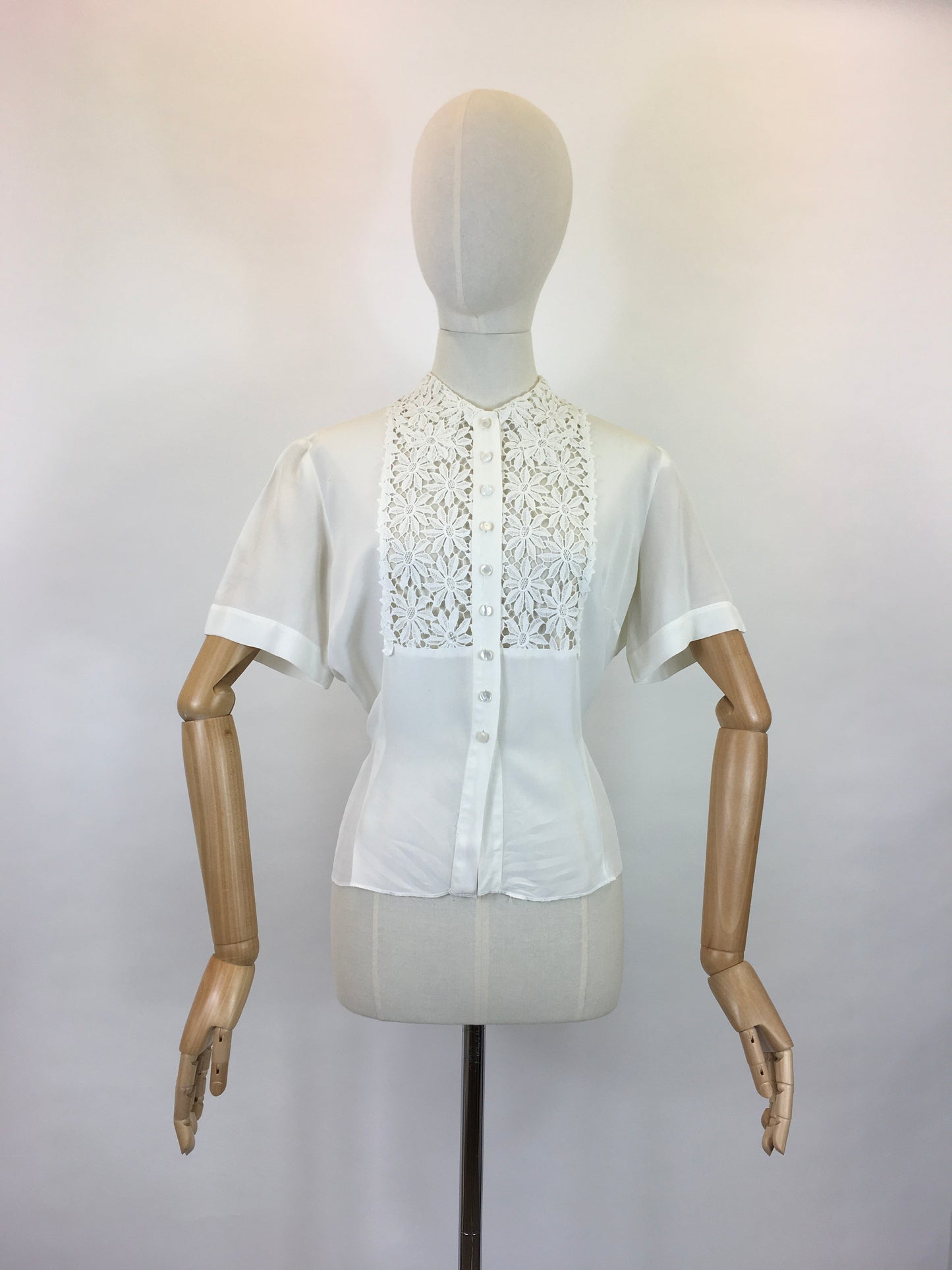 Original 1940’s ‘ Judy Bond’ White Blouse - With Stunning Floral Lace Detailing To The Bodice Panel
