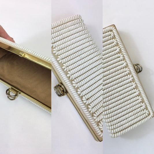 Original 1950s STUNNING White Telephone Cord Clutch Bag - Lovely Gold Frame Detailing
