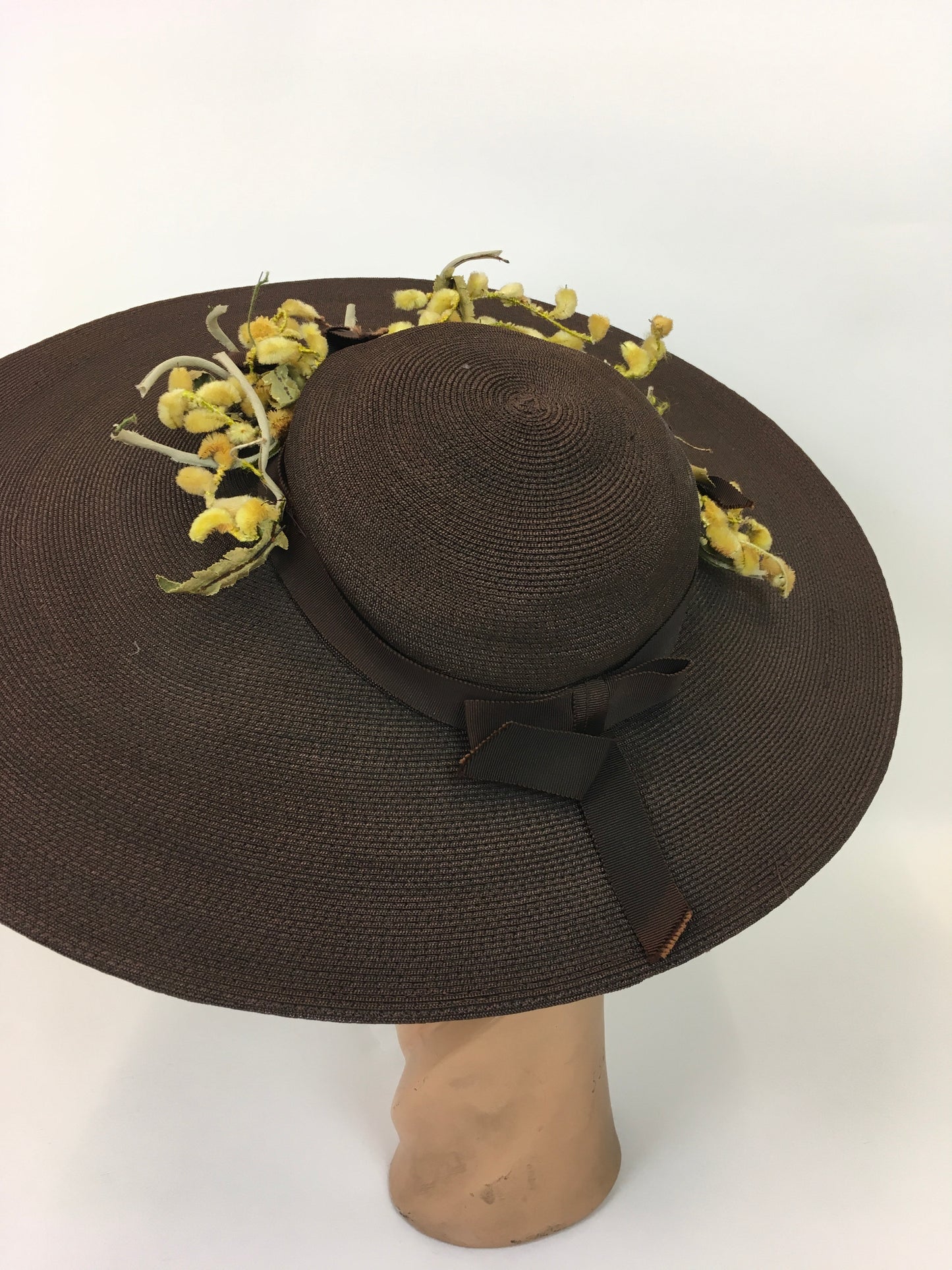 Original 1940’s SENSATIONAL Platter Hat - In Warm Brown Adorned With Velvet Mustard, Yellow & Chartreuse Buds and Flowers