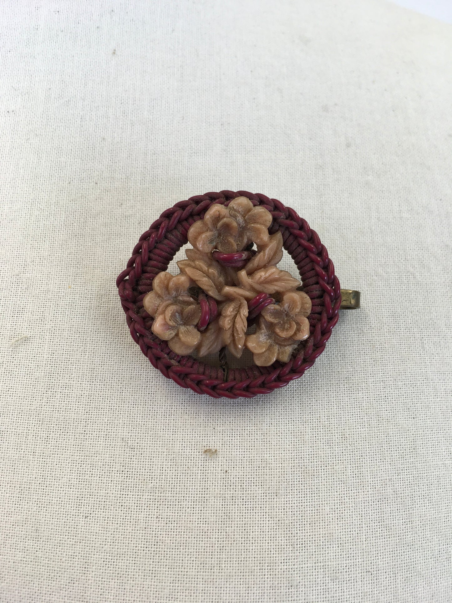 Original 1940's Darling Make Do and Mend Telephone Wire Brooch - In Deep Wine and Taupe