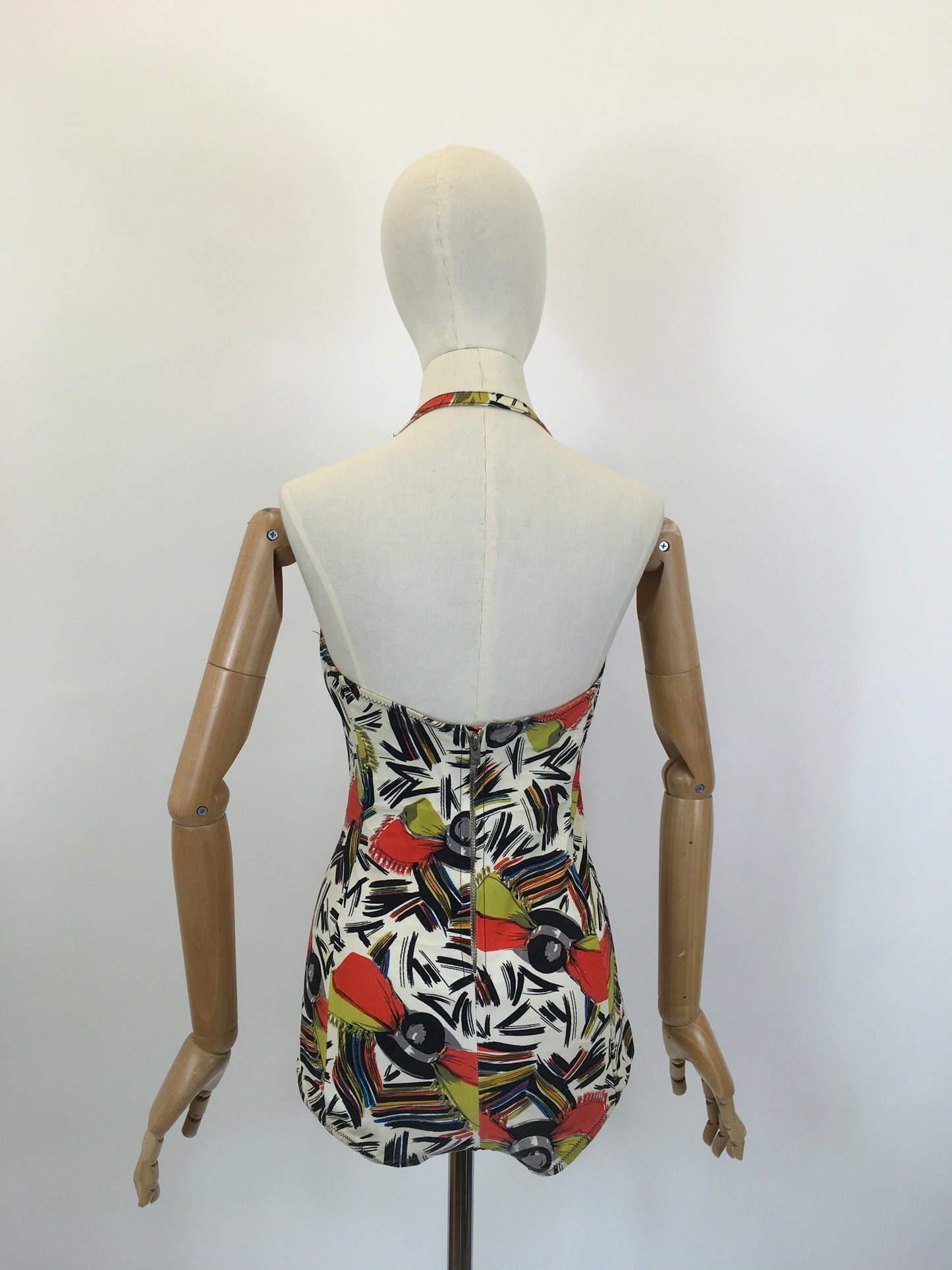 Original 1940’s Bathing Costume in A Fabulous Print - In Painted Black, Chartruese, Orange, White and Teal