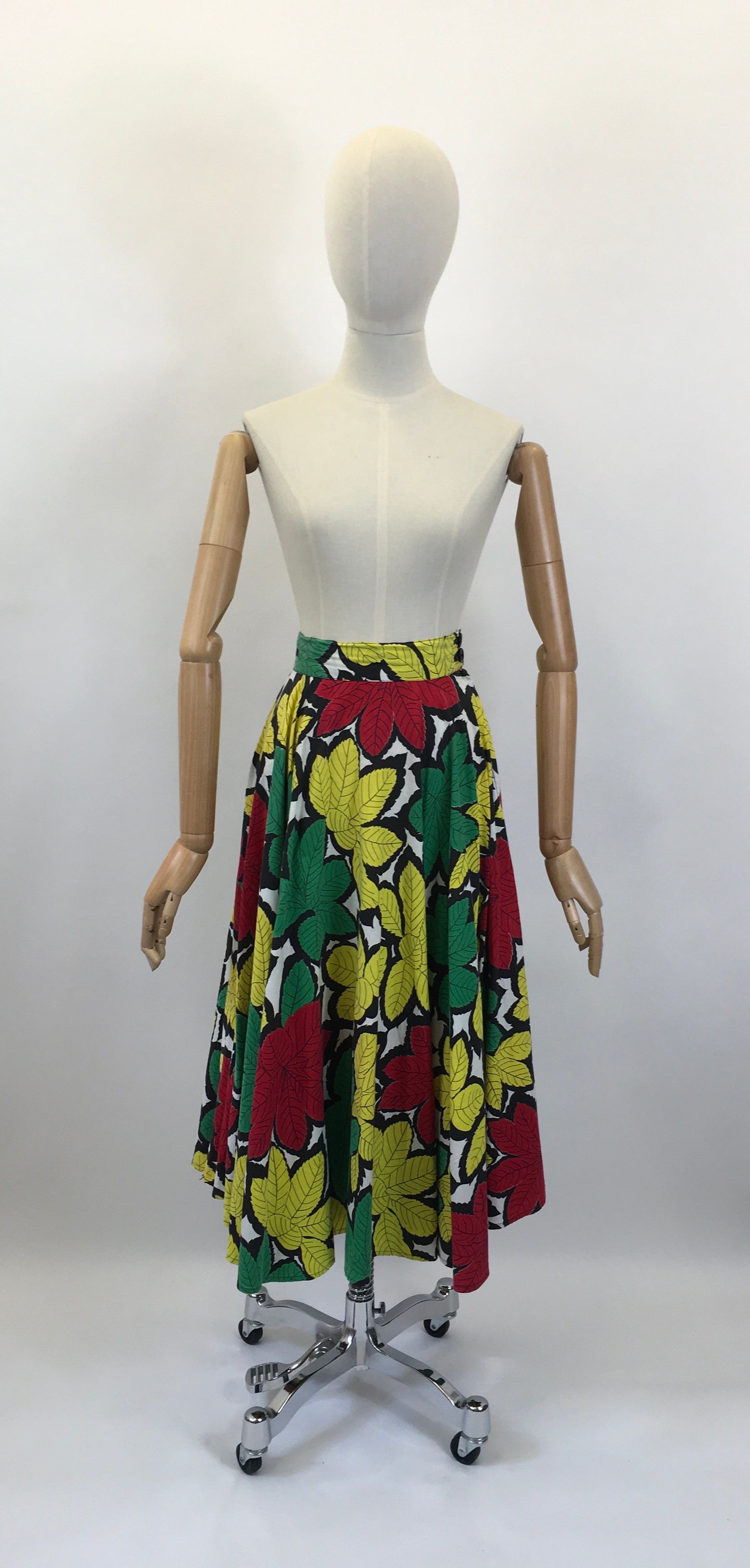 Original 1940's Sensational Cotton Summer Skirt - In a Black Edged Leaf Motif With Bright Red, Green, White & Yellow