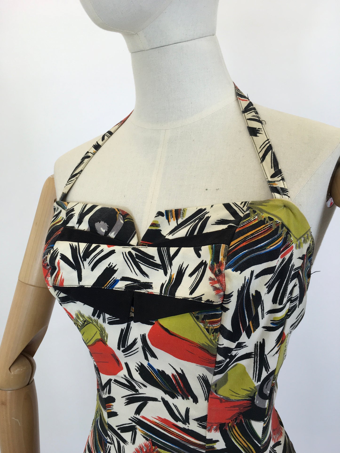 Original 1940’s Bathing Costume in A Fabulous Print - In Painted Black, Chartruese, Orange, White and Teal