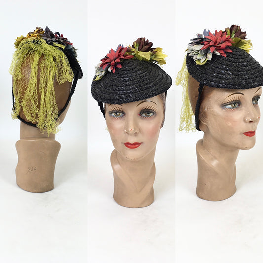 Original 1940's Fabulous Black Topper Tilt Hat - With Pops Of Chartreuse, Red, Lilac & Amber