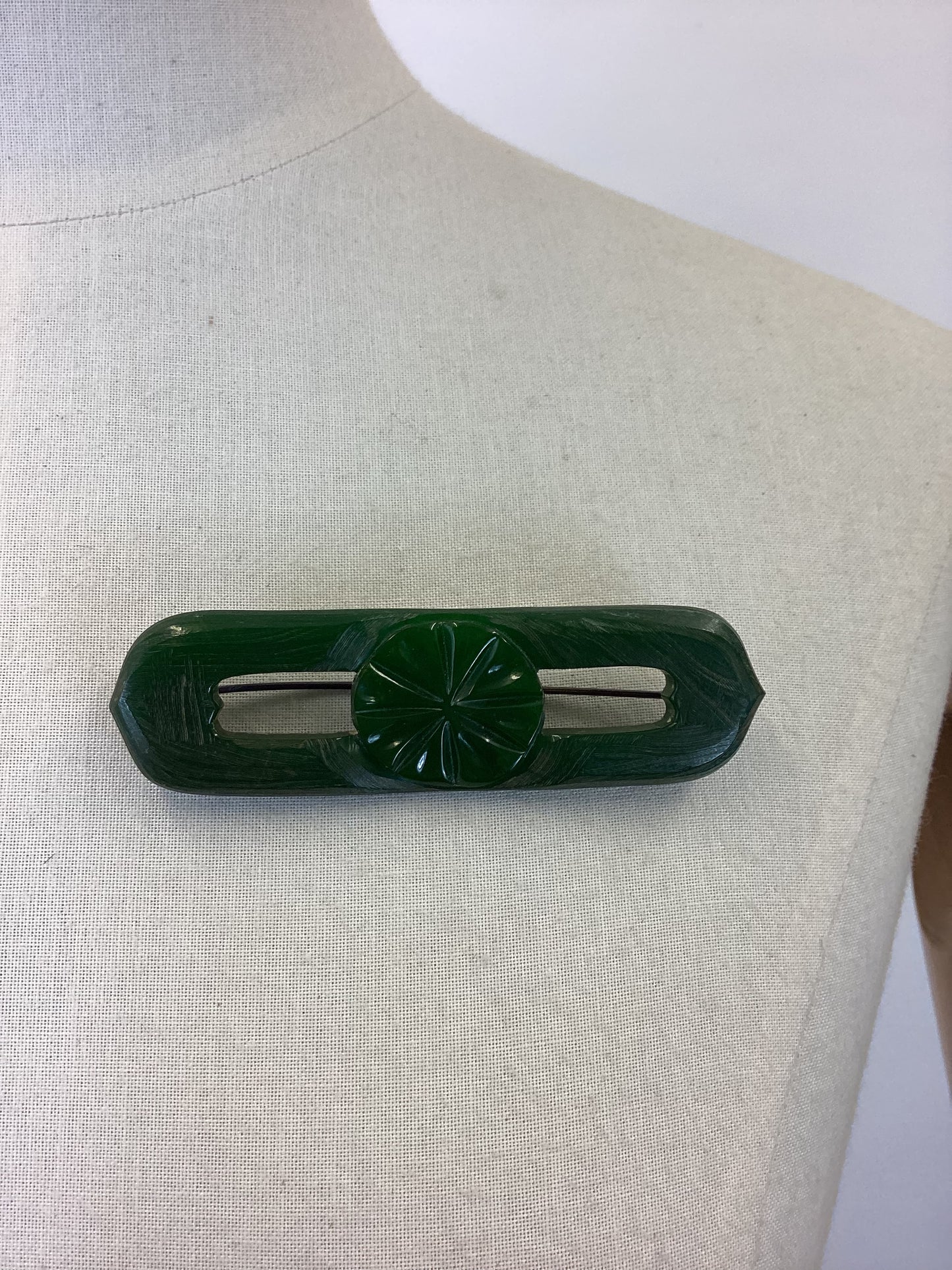 Original Late 1930’s Early 1940’s Carved Bakelite Brooch - In Forest Green