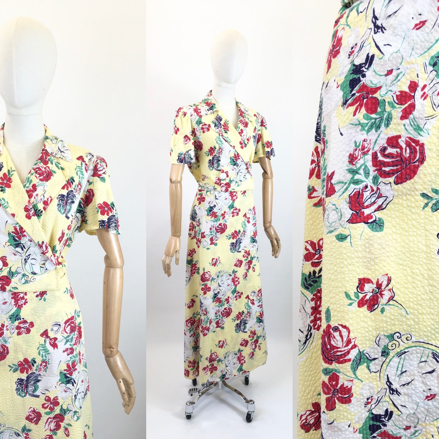 Original 1940's Sensational Novelty Print VOLUP Seersucker Dress - Florals Intertwined With Faces Through Mirrors