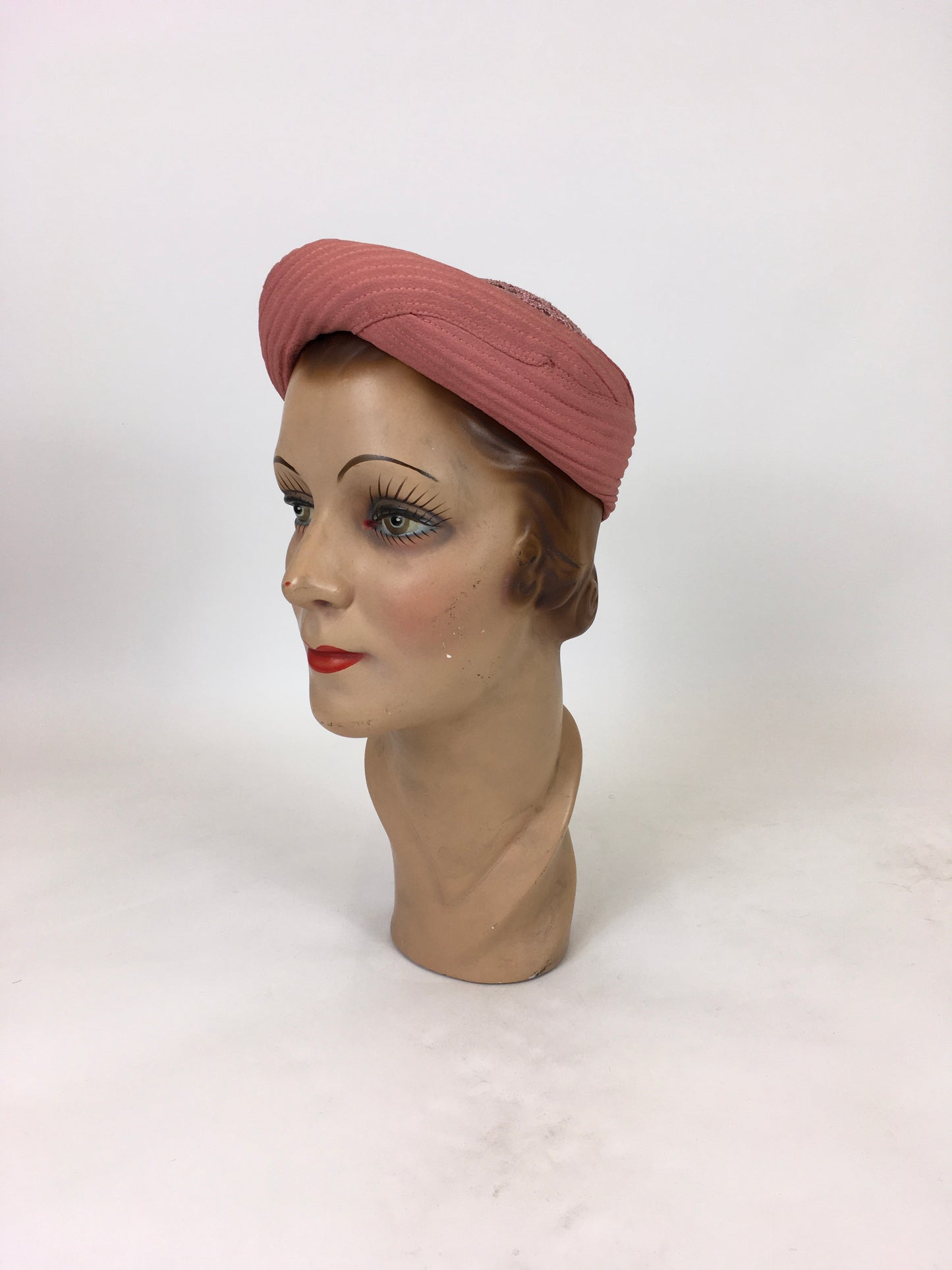 Original 1940's Darling Turban Halo Hat With Open Crown - In A Powdered Salmon Crepe