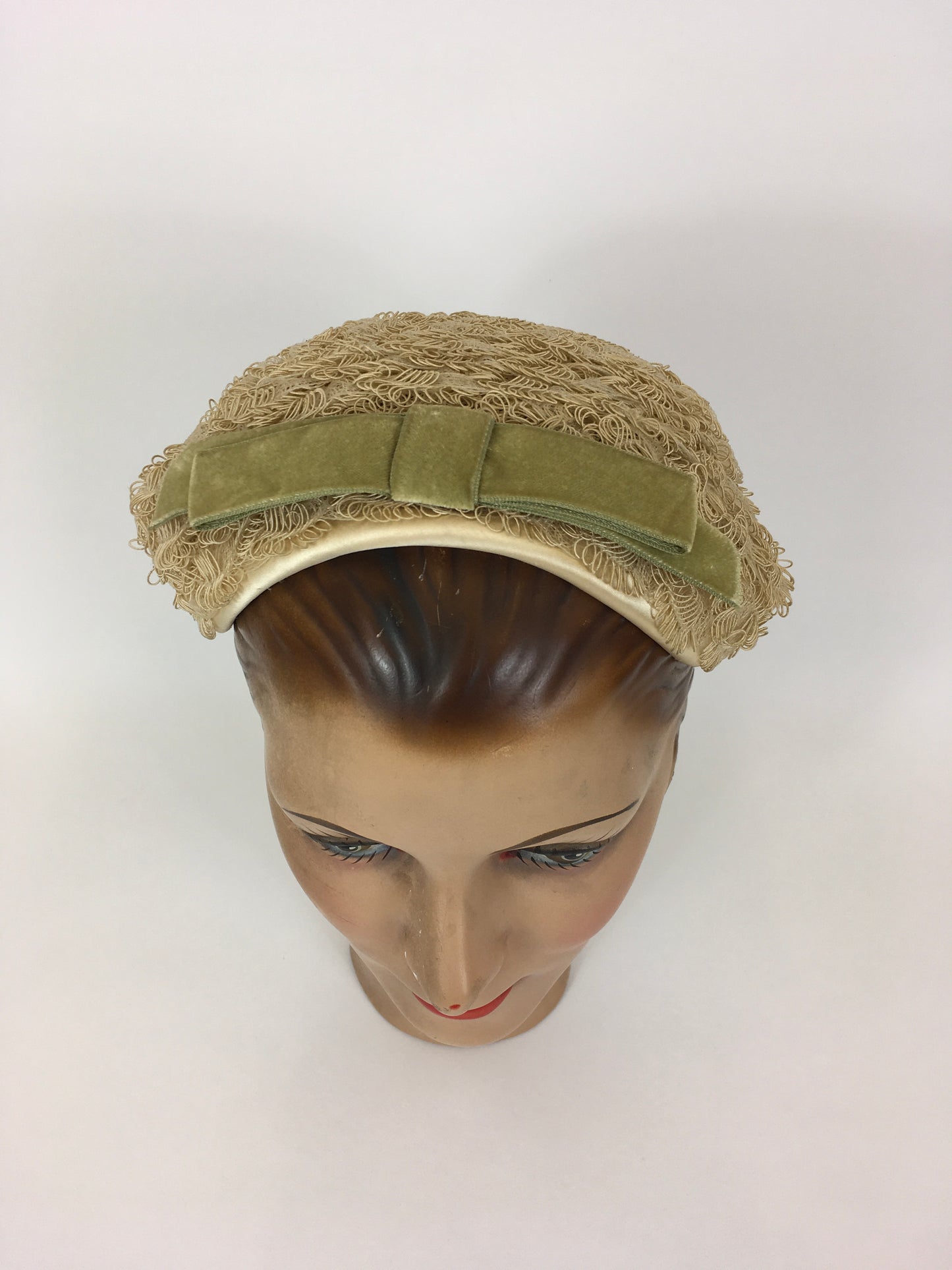 Original 1950’s Darling Headpiece - In A Soft Straw Colour with Contrast Rich Green Velvet Bow Detailing