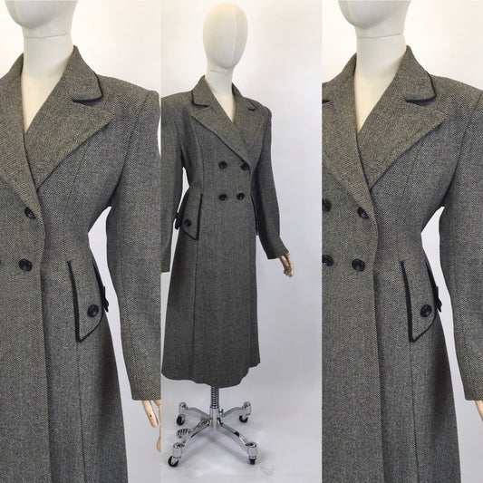 Original 1940’s SENSATIONAL Black Herringbone Tweed Woollen Coat - Made By ‘ Fredella Model ‘