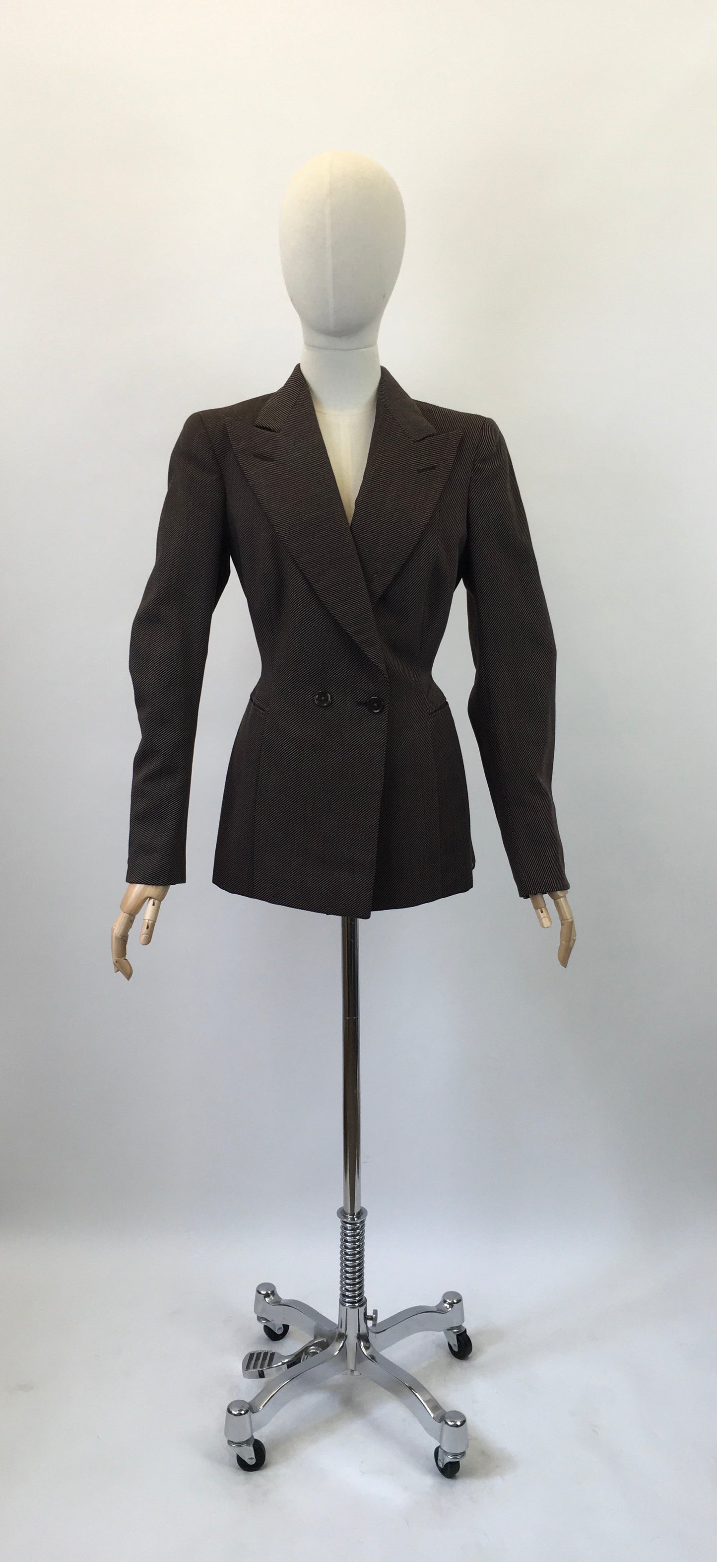 Original 1940's Stunning Longline Jacket in A Chocolate Brown Pinstripe - With Exquisite Details