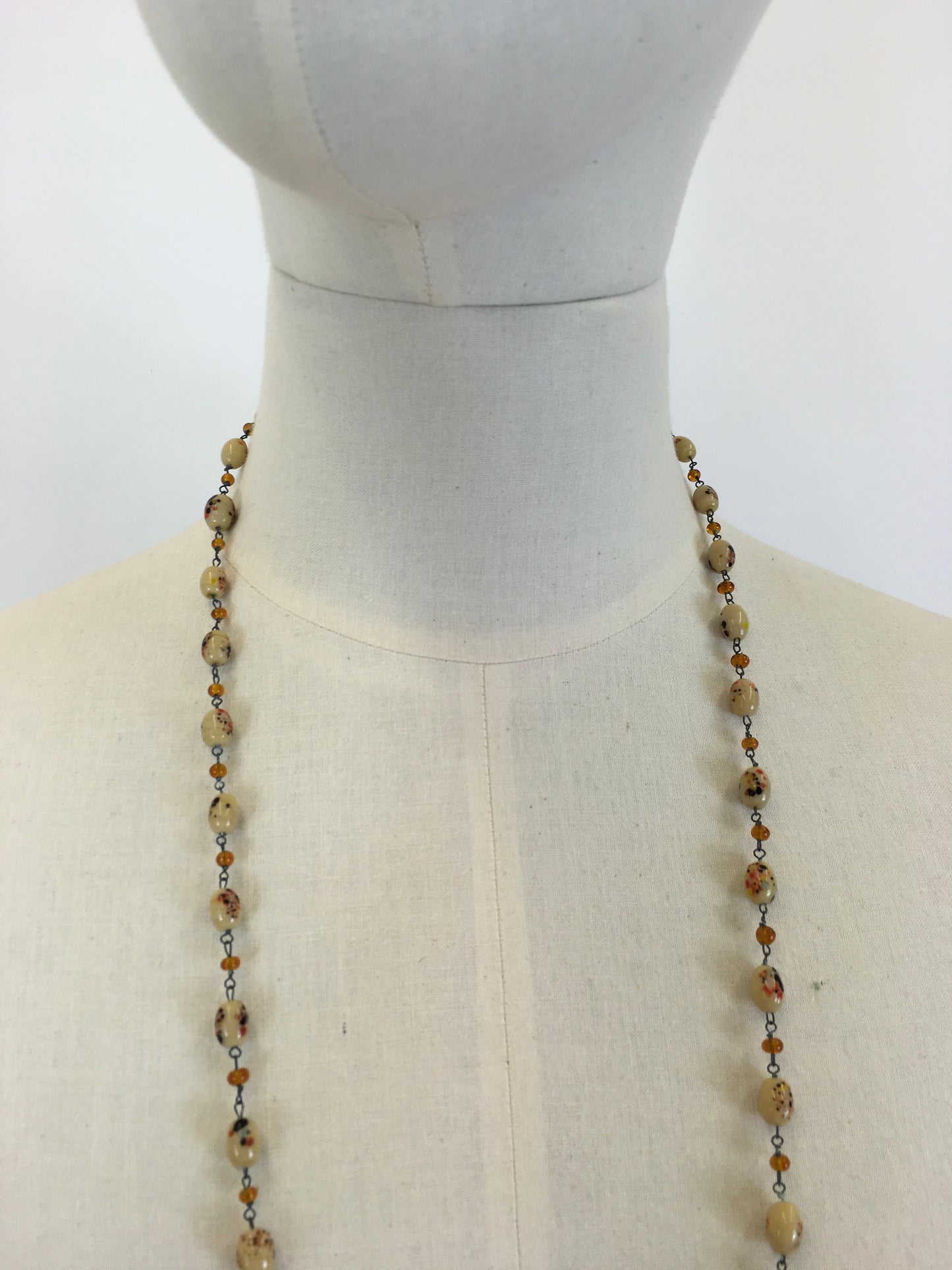 Original 1930’s Beautiful Glass Beaded Necklace - In Shades of Cream, Amber & Black Deco Beads